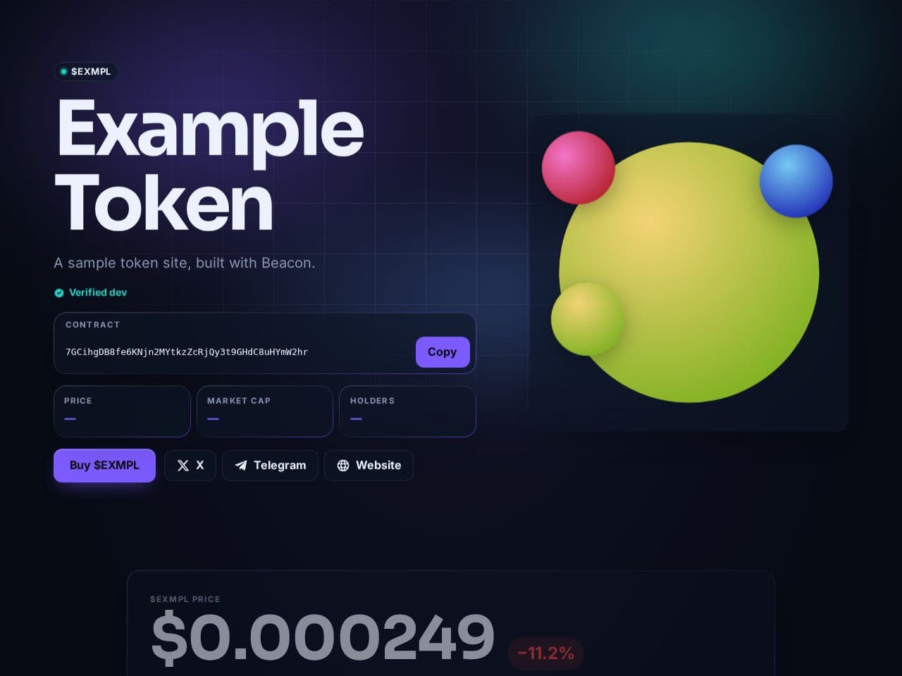 Example Token's site in the DeFi design