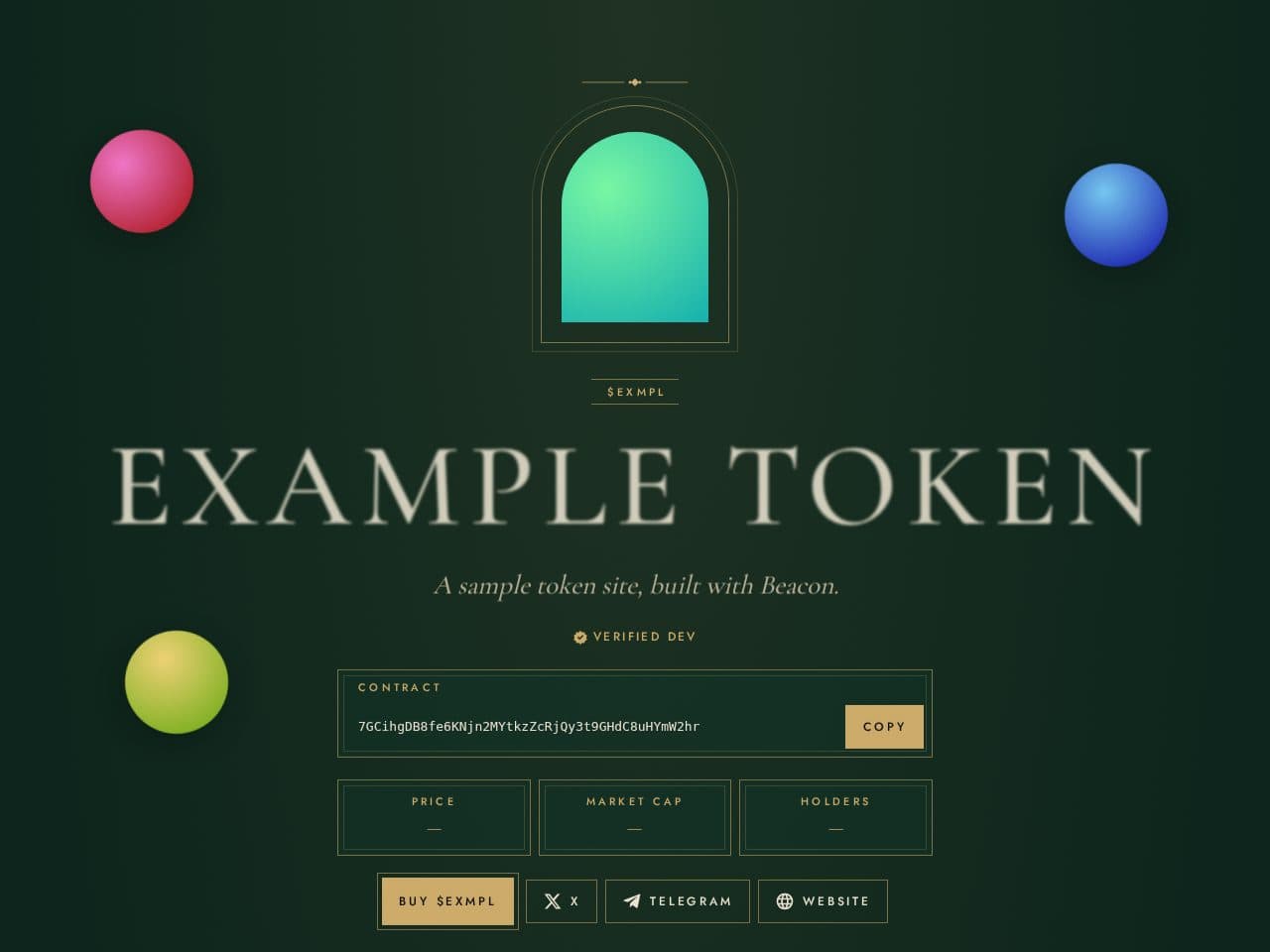Example Token's site in the Luxe design