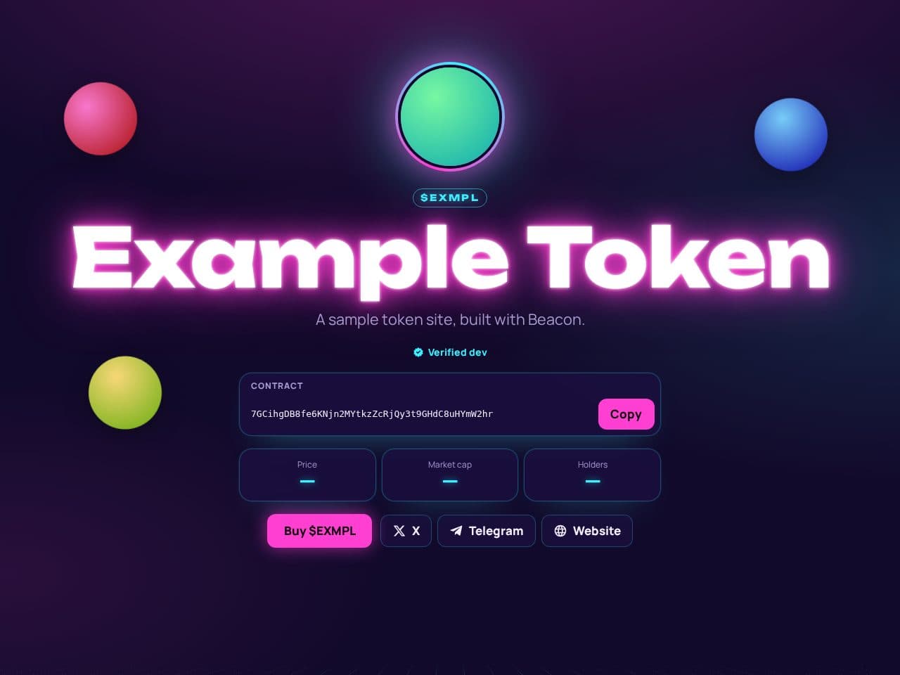 Example Token's site in the Neon design, with its contract address, live stats and buy button