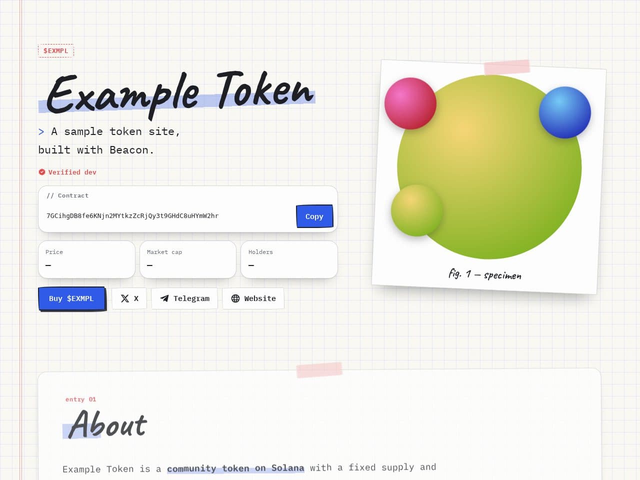 Example Token's site in the Notebook design