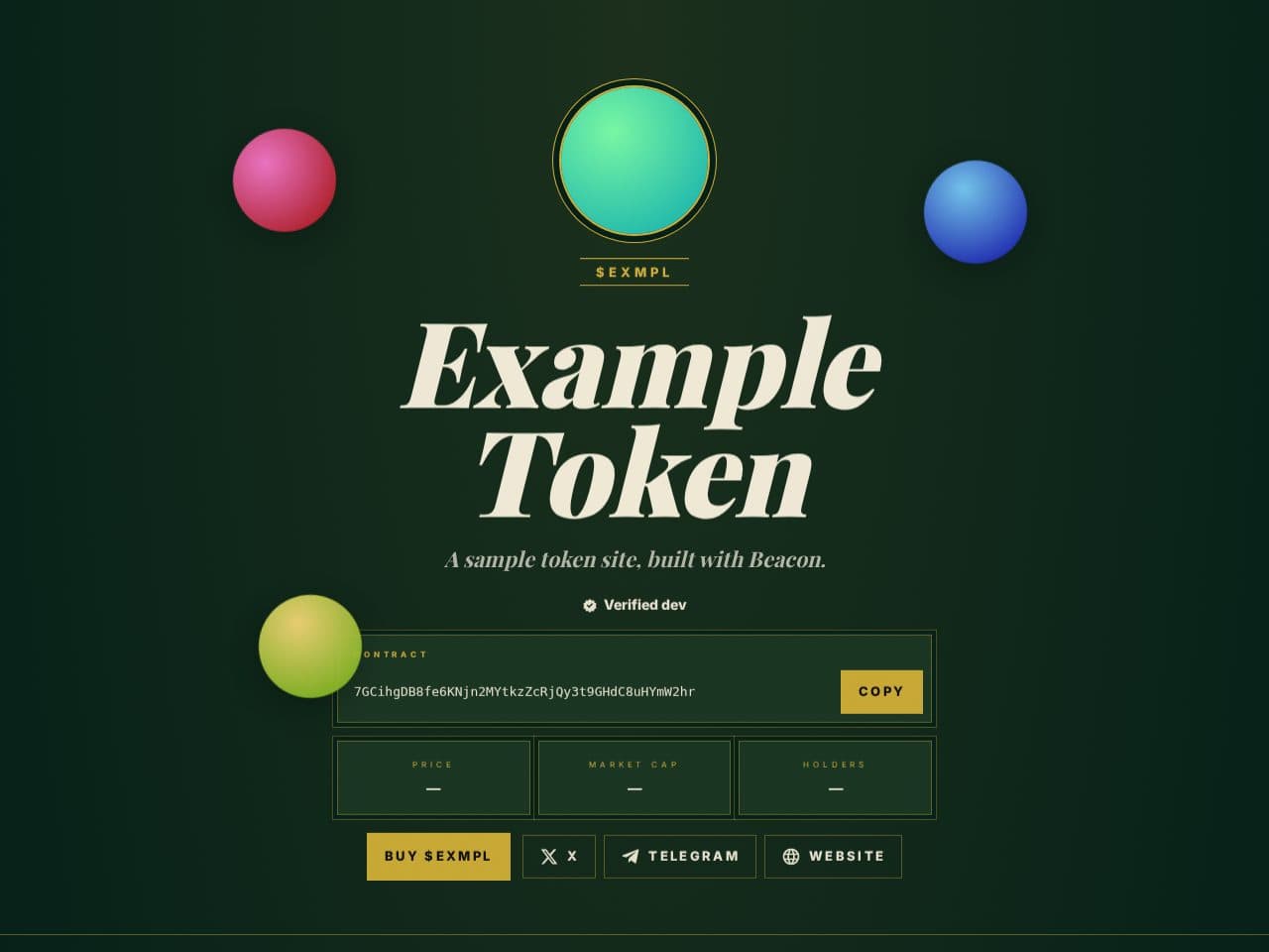 Example Token's site in the Royal design