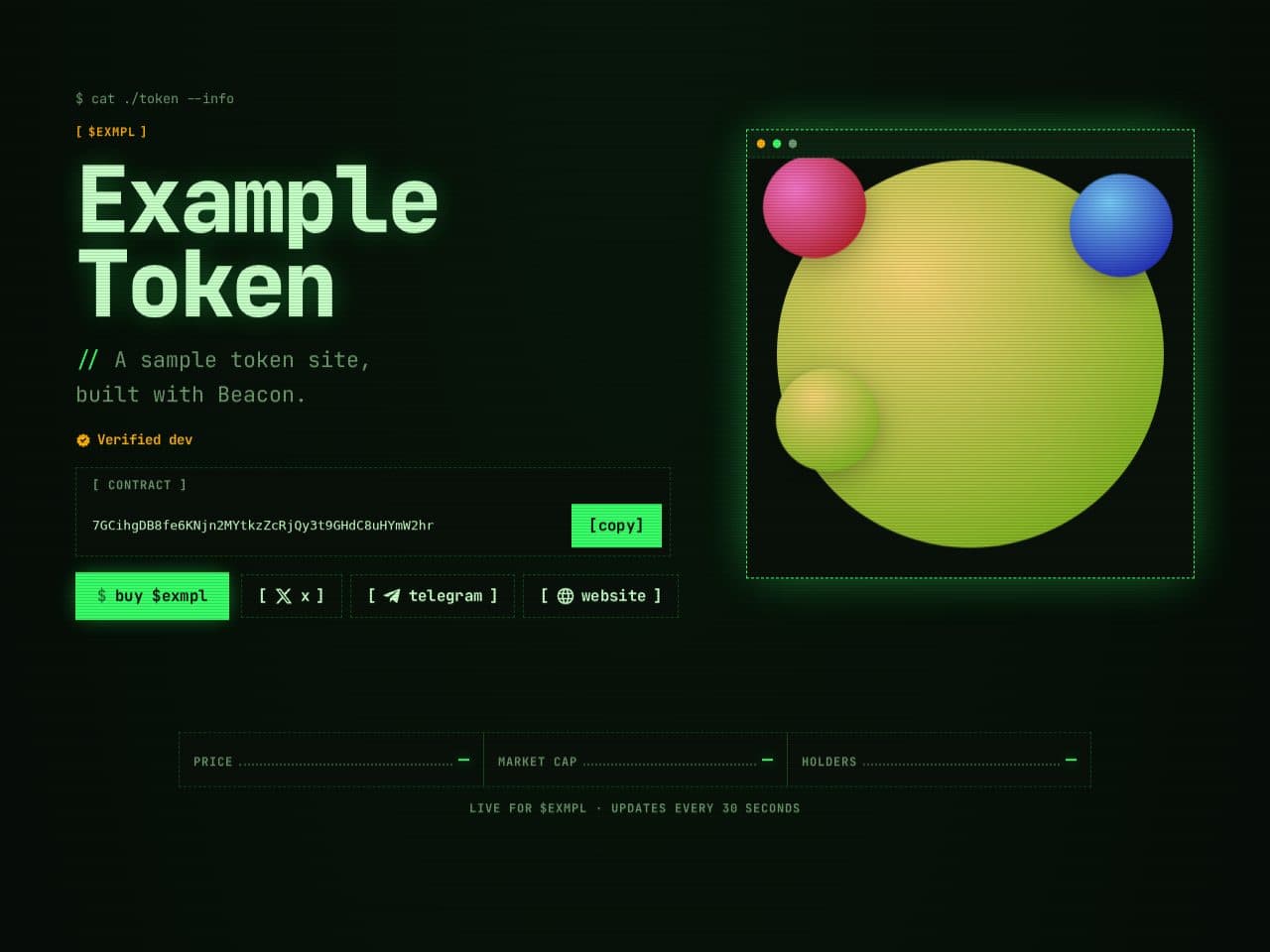 Example Token's site in the Terminal design