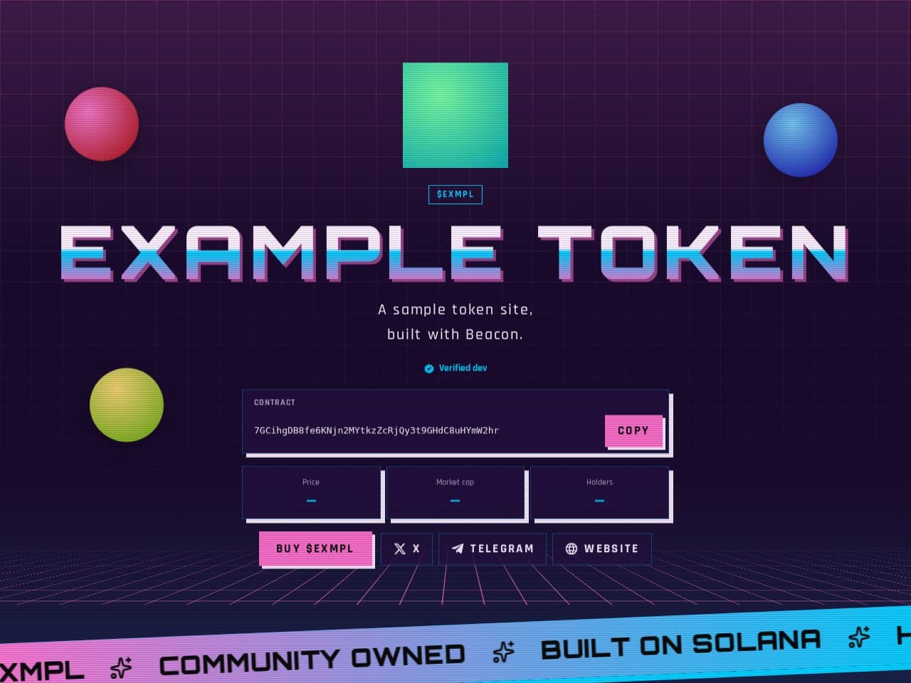 Example Token's site in the Vapor design