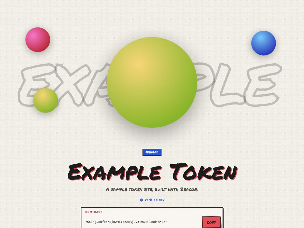 Example Token's site in the Zine design